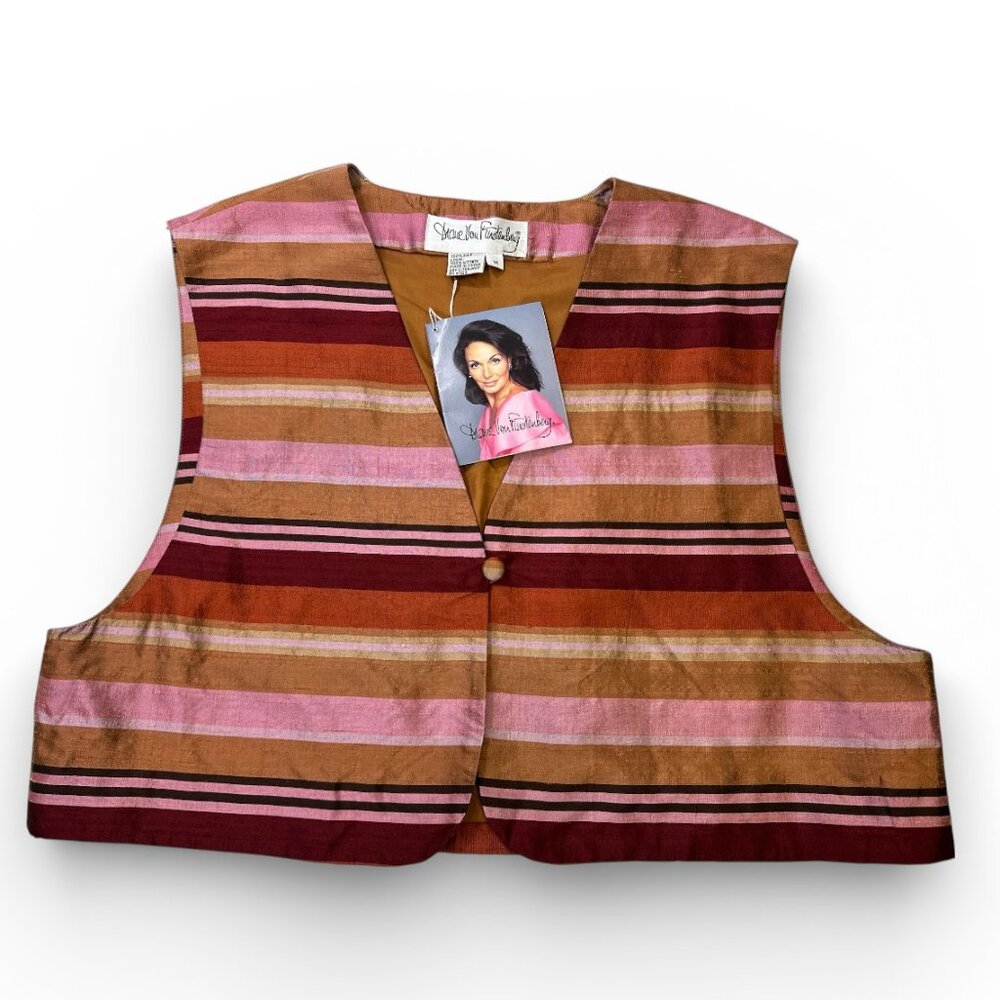Vintage Diane von Furstenberg Silk Vest Button Front Stripe Women sz M NWT